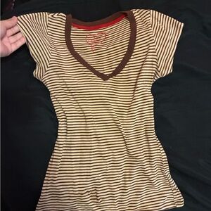 Rue21 Cream & Brown Striped V-Neck Tee